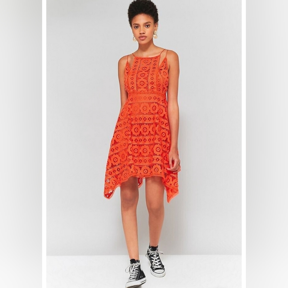 Free People Dress Just Like Honey Orange Coral Lace Dress Bare Back Asymmetric 2